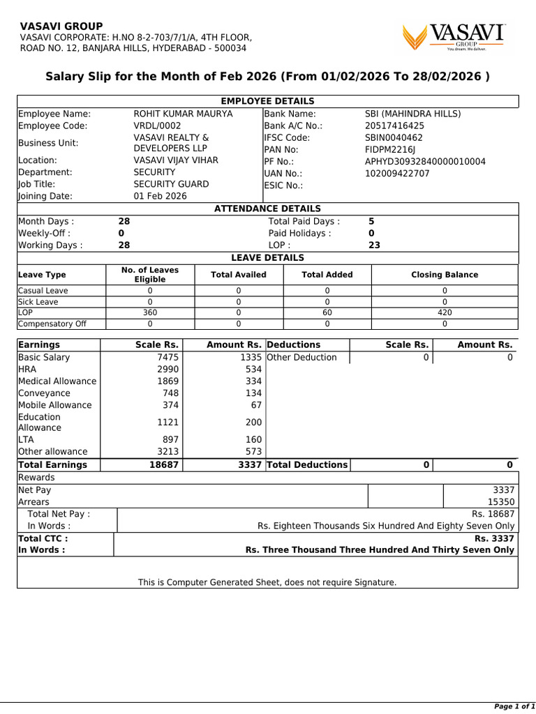 Rohit Kumar Maurya Salary Slip 2 2026-27 | PDF | Workplace | Business ...