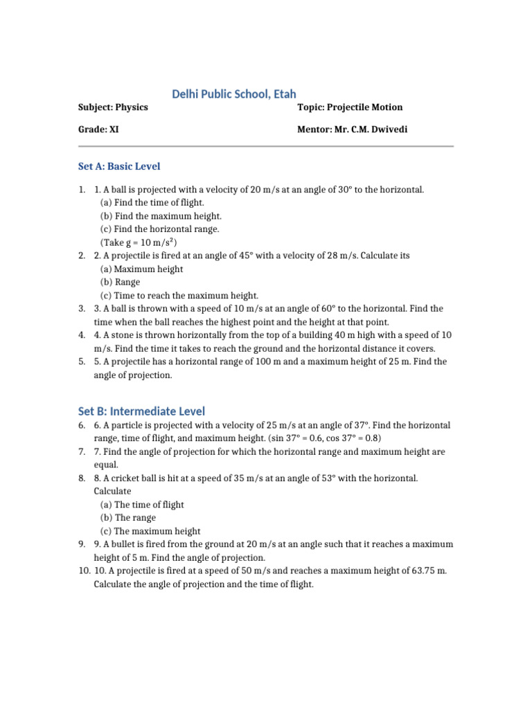 Projectile - Motion - Numericals - Class - 11 PRINTED | PDF ...