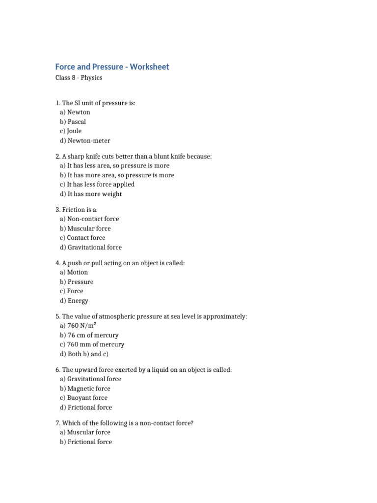 Force and Pressure Worksheet | PDF | Force | Pressure