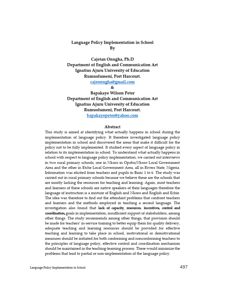 Language Policy Implementation in School | PDF | English As A Second Or ...
