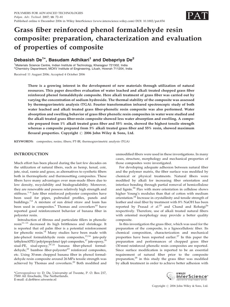 Grass Fiber Reinforced Phenol Formaldehyde Resin Composite: Preparation ...