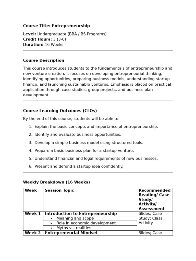 Course Outline - Entrepreneurship | PDF | Entrepreneurship | Startup ...