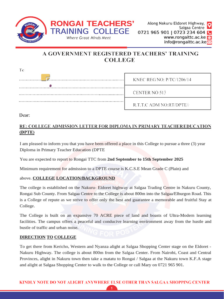 Rongai Teachers Adm Letter | PDF