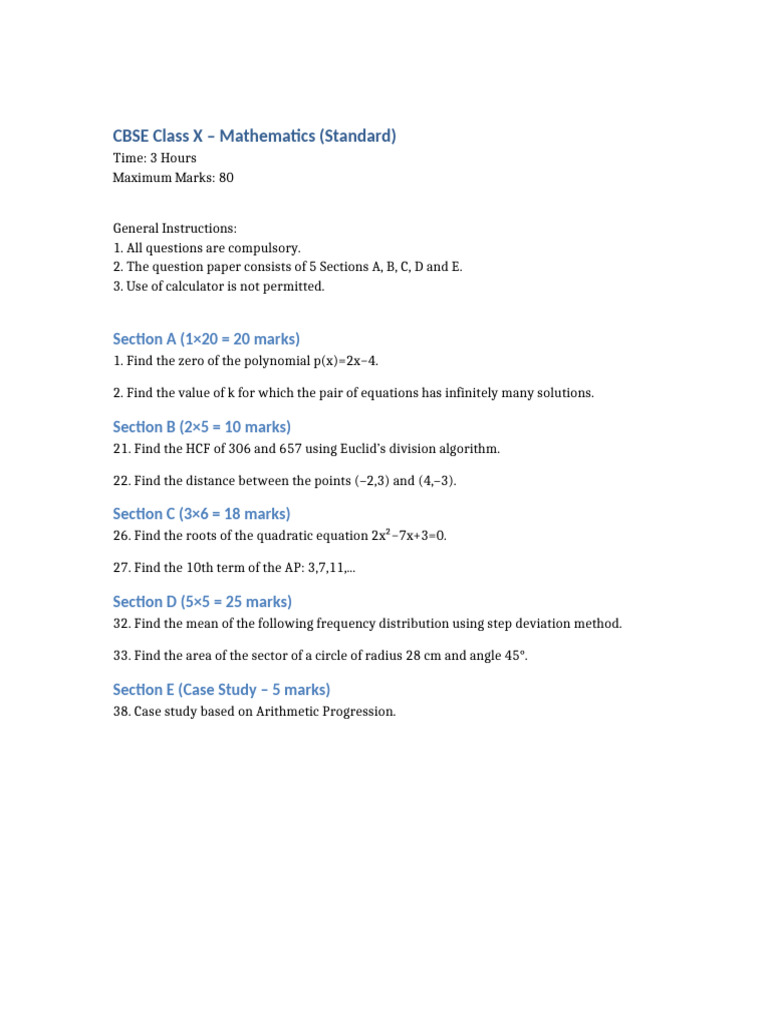 CBSE Class10 Maths Standard Model Paper | PDF