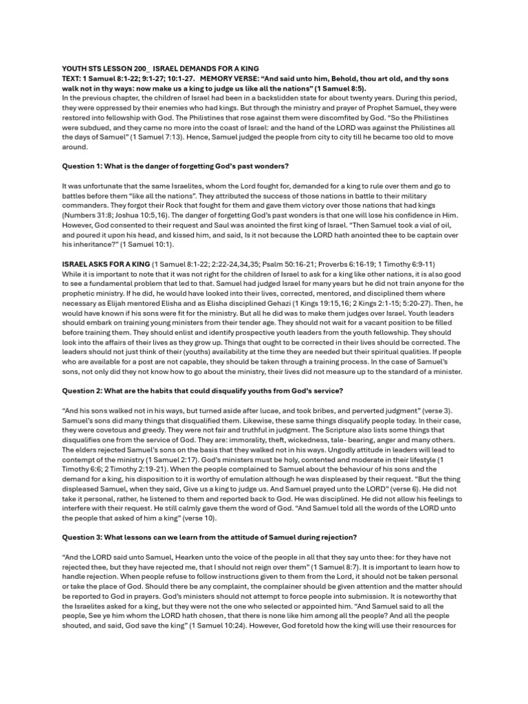 Youth Sts Lesson 200_ Israel Demands for a King | PDF | Samuel | Books ...