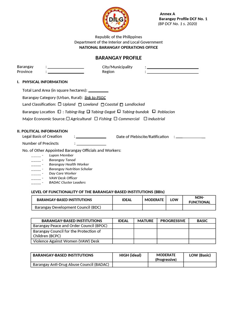Barangay Profile DILG FORM | PDF