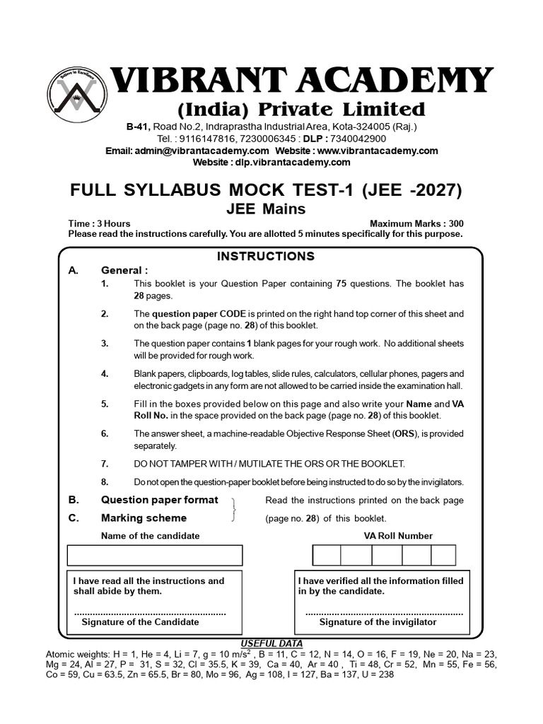 FST Mock Test 1 - (JEE Mains) PDF | PDF | Physical Quantities