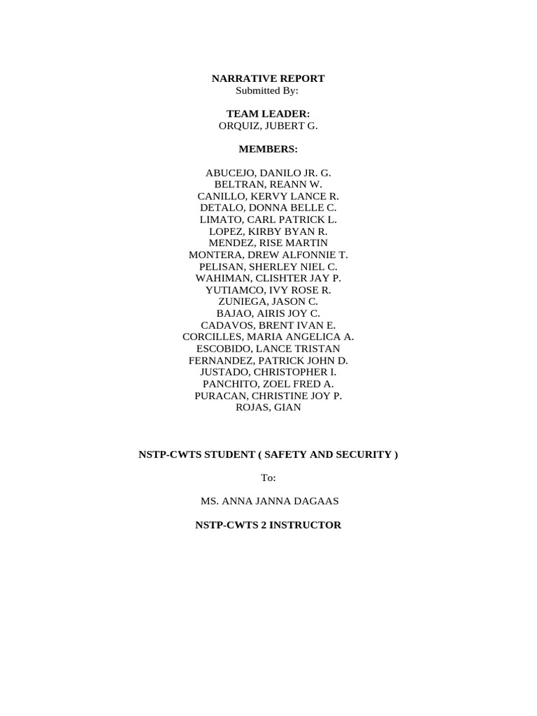Narrative Report 1 Team Safety and Security | PDF