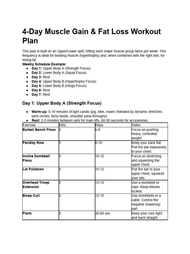 4-Day Gym Workout Plan (Upper - Lower Split) | PDF | Strength Training ...