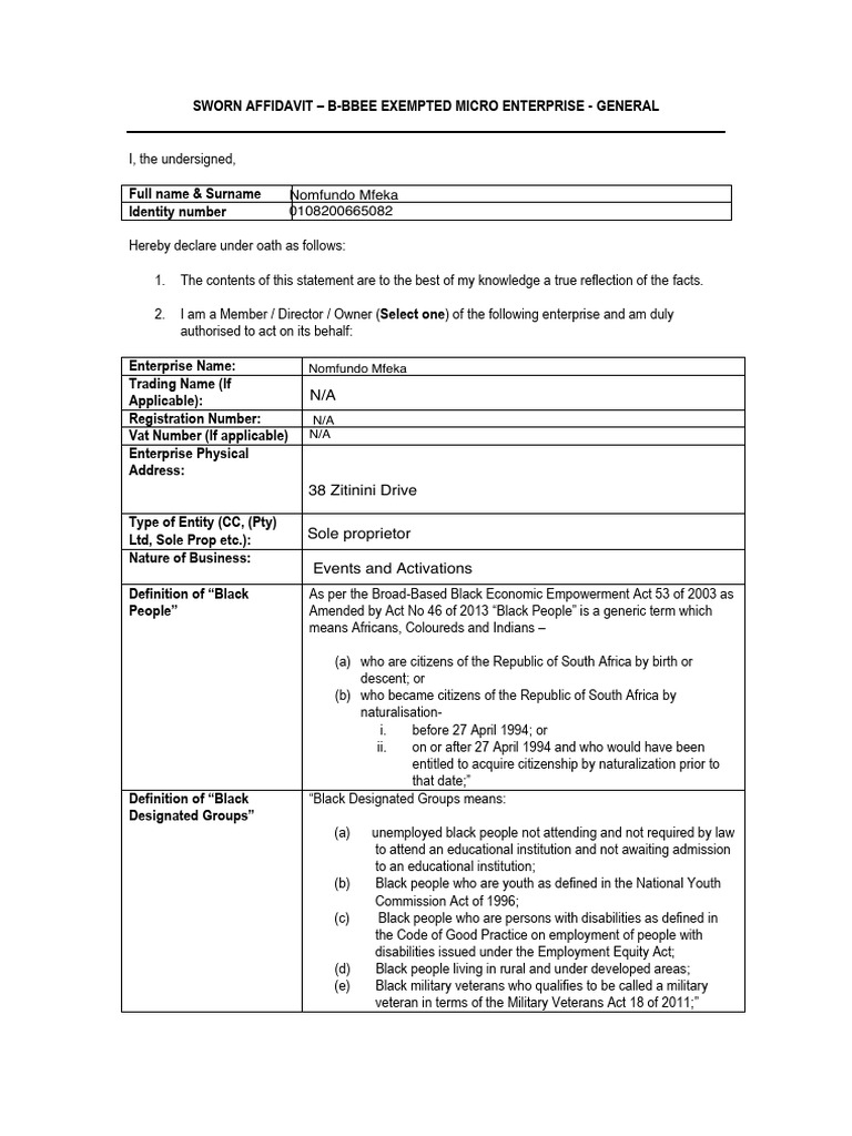 B-BBEE Exempted Micro Enterprise - General | PDF | Affidavit | Citizenship
