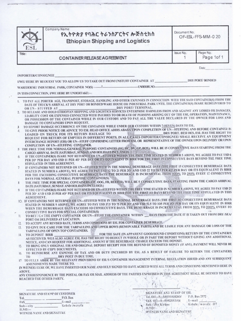 Container Release Agreement Form | PDF