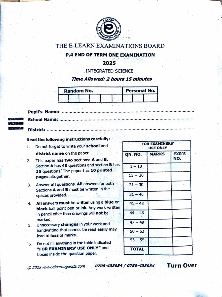 e Learn p.4 Science End of Term One Exam | PDF