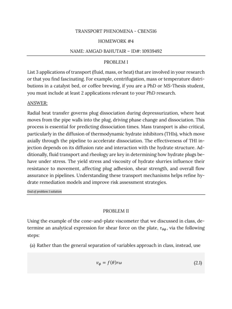 HW 4 - Transport Phenomena | PDF