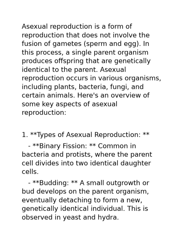Asexual Reproduction is a Form of Reproduction That Does Not Involve ...