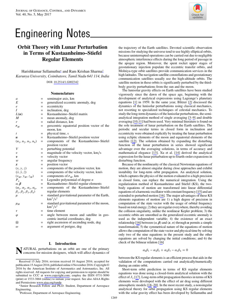 Ngineering Otes: Orbit Theory With Lunar Perturbation in Terms of ...