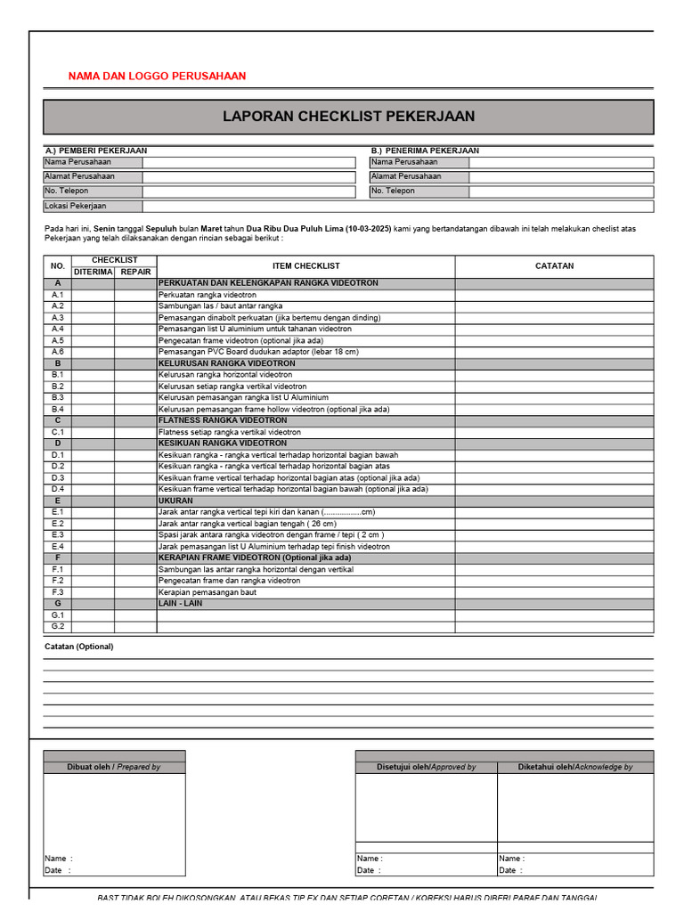 Contoh Form Checklist Pekerjaan | PDF