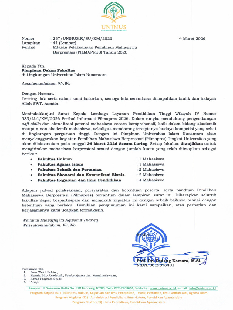 2026-03-04 Surat Edaran Pelaksanaan Pilmapres Uninus Tahun 2026 | PDF