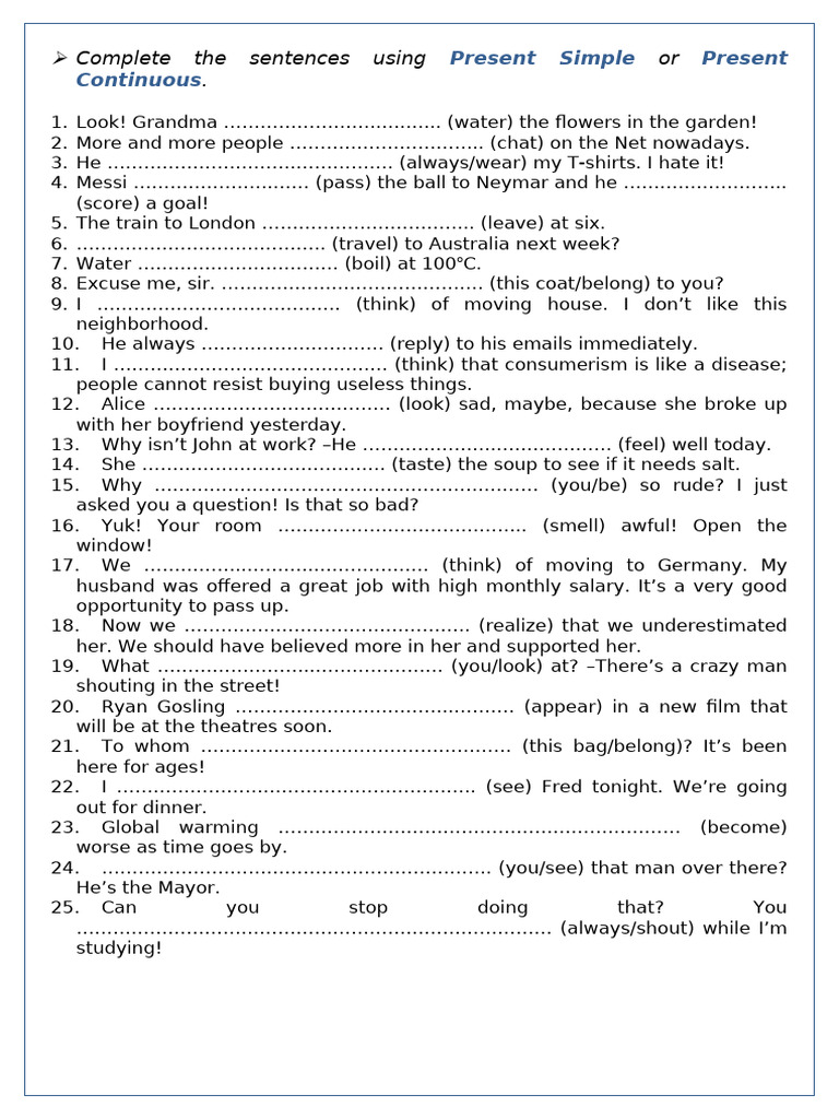 Present Simple or Present Continuous Stative Verbs Grammar Drills ...