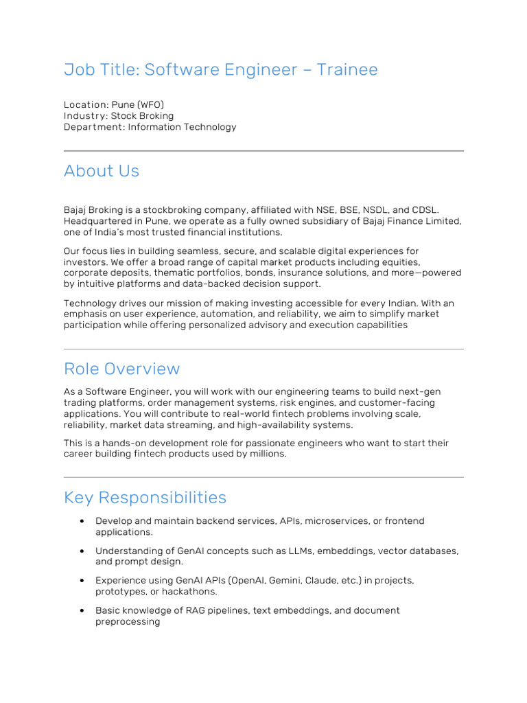 JD - Software Engineer Trainee | PDF | Financial Technology | Finance ...