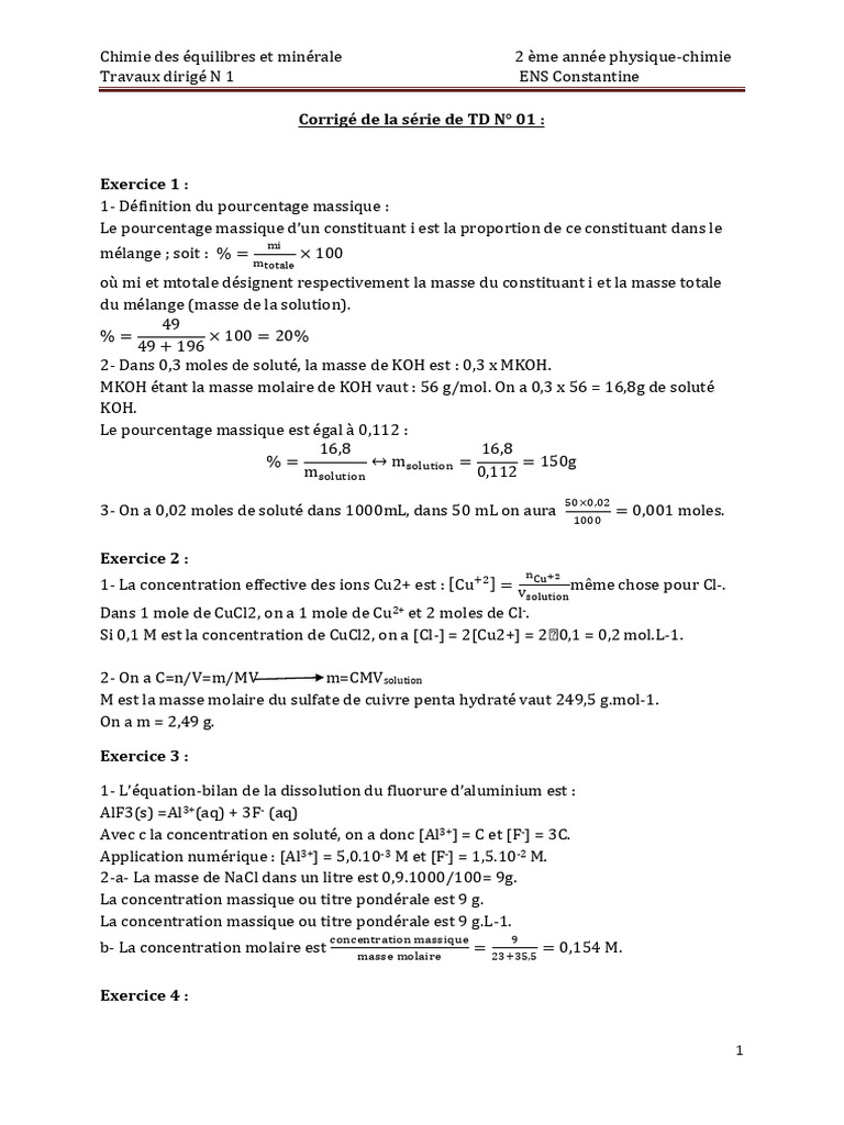 Corrigé TD1 20172018 | PDF | Concentration molaire | Substances chimiques