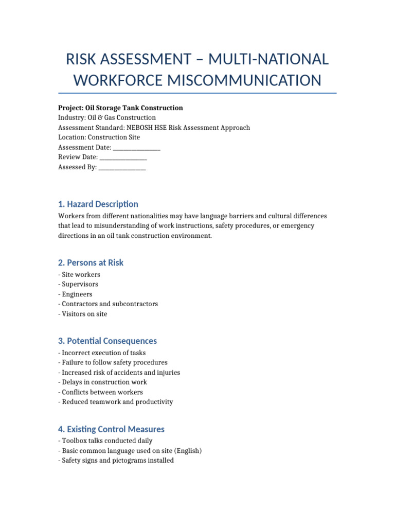 NEBOSH Risk Assessment Miscommunication Oil Tank Project | PDF