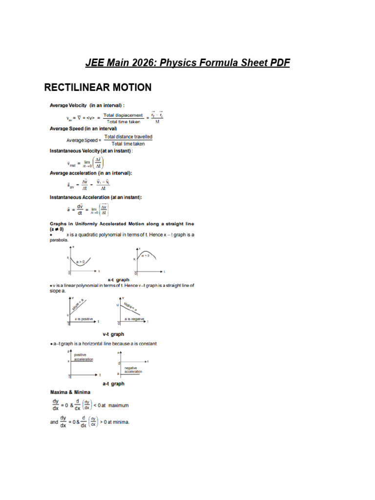 Jee Main 2026 Physics Formula Sheet PDF | PDF | Force | Friction