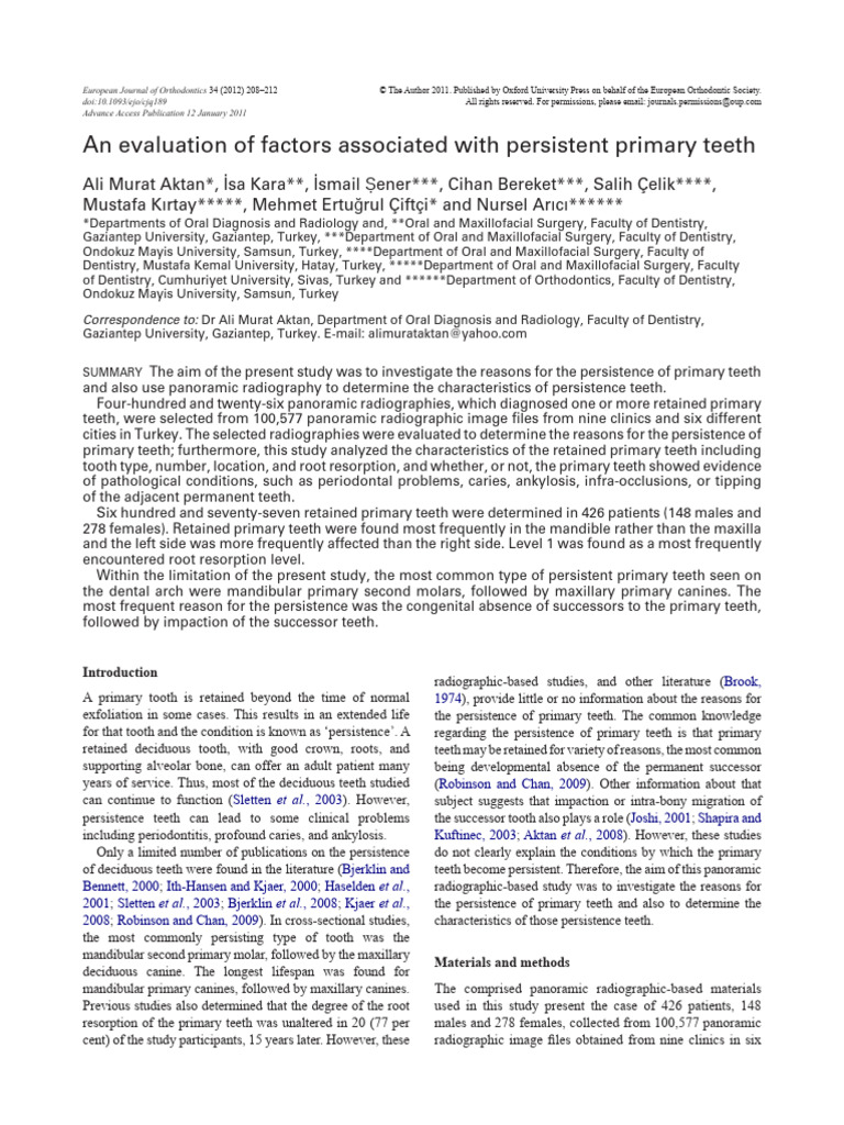 An Evaluation of Factors Associated With Persistent Primary Teeth | PDF ...