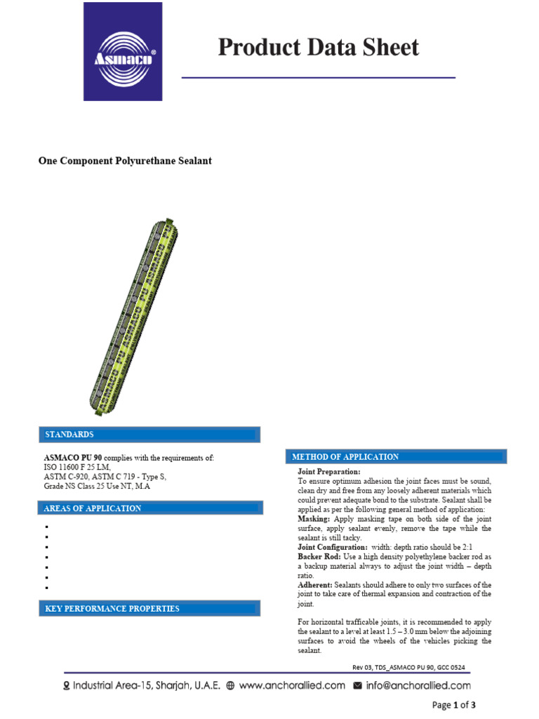 ASMACO PU 90 One Component Polyurethane Sealant | PDF | Building ...