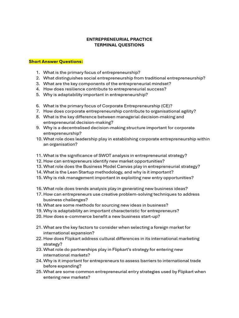 Terminal Questions Enterpreneurial Practices | PDF | Entrepreneurship ...