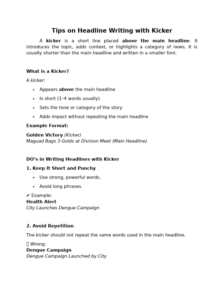 Tips on Headline Writing With Kicker (English and Filipino) | PDF