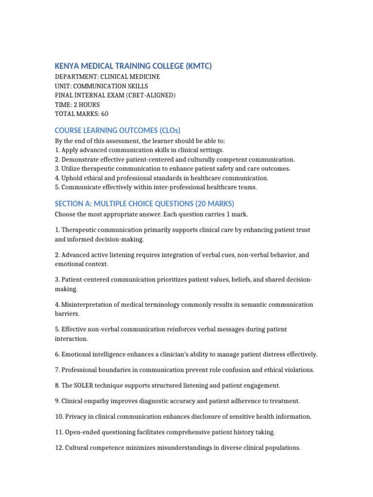 KMTC Clinical Medicine Communication Skills Final Internal Exam | PDF ...