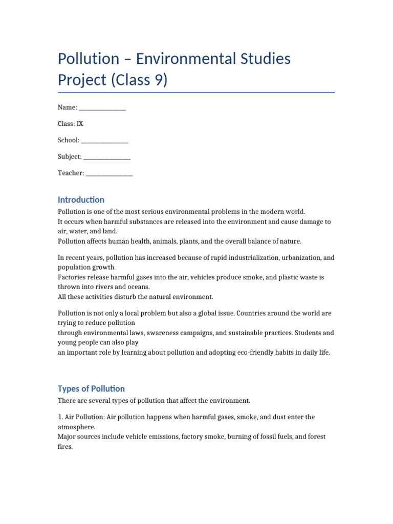 Class9 Pollution Project | PDF | Pollution | Air Pollution
