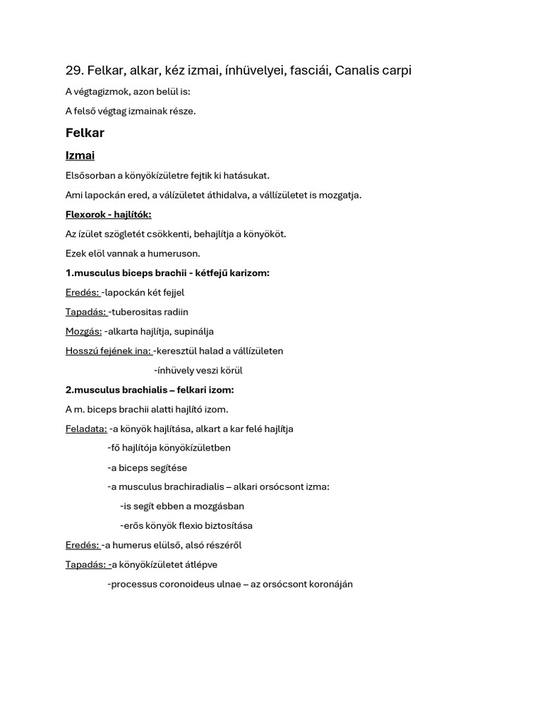 29(1).Tétel Felkar, Alkar, Kéz Izmai, Ínhüvelyei, Fasciái, Canalis ...