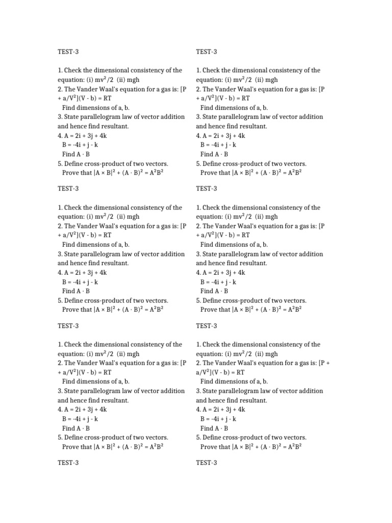 Physics Test 3 Vector Dimension | PDF | Euclidean Vector | Physics