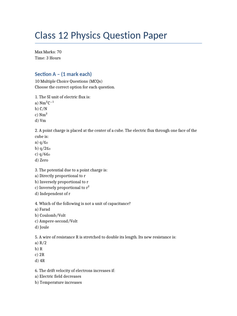 Class 12 Physics Question Paper | PDF | Capacitor | Magnetic Field