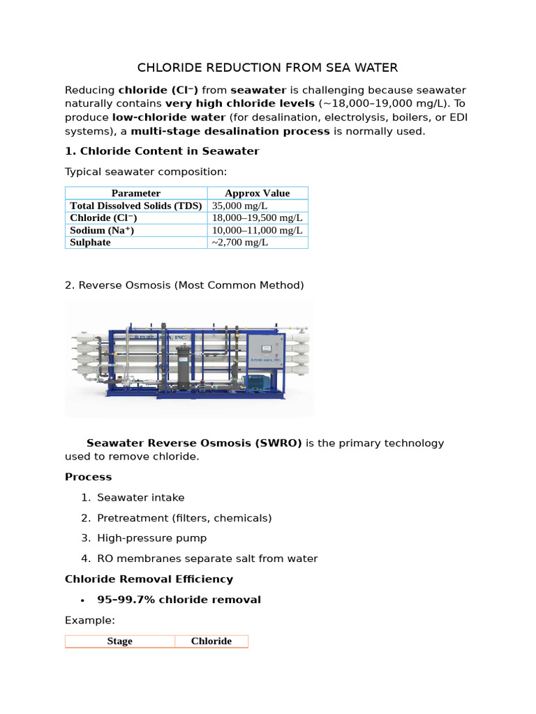 Chloride Reduction From Sea Water | PDF | Seawater | Chemistry