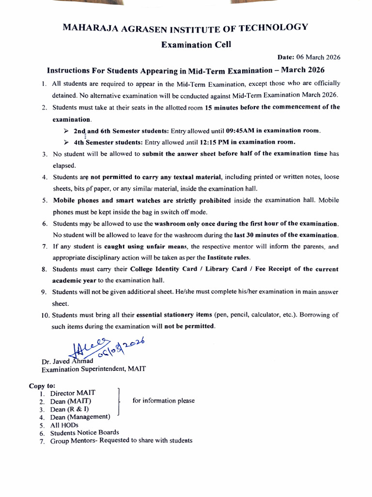 Instructions for Students Mid Term Exam March 2026 | PDF