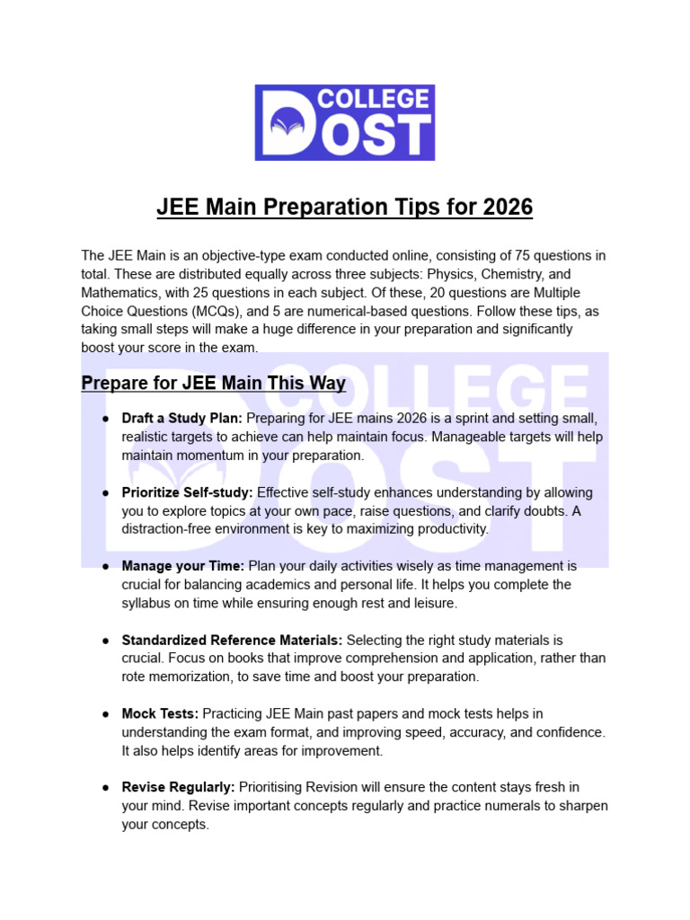 JEE Mains Last Minute Preparation Tips | PDF | Cognitive Science ...
