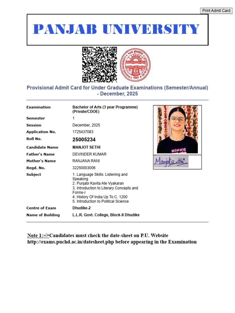 Student Admit Card | PDF