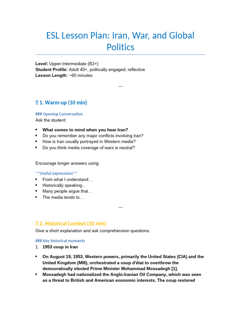 ESL Lesson Plan Iran Handout Student Version | PDF | Iranian Revolution ...