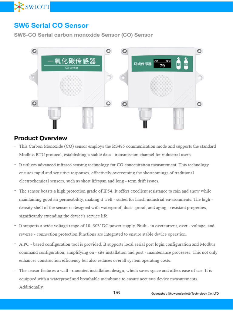 SW6-CO0x CO Sensor Spec | PDF | Byte | Sensor