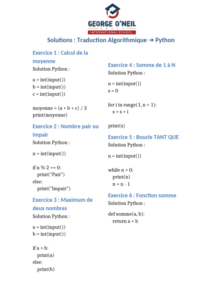 Solutions Algorithmique Python 6 Exercices | PDF