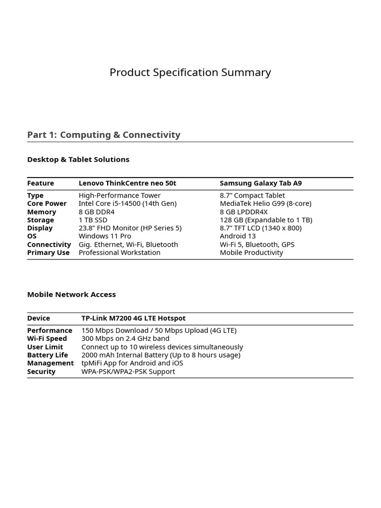 Product Specification Summary (1) | PDF