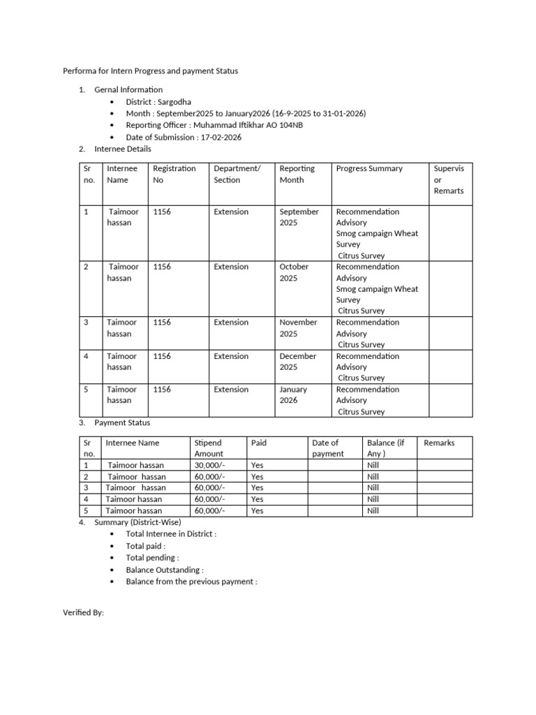 Performa For Intern Progress and Payment Status (Autosaved) - 3 | PDF ...