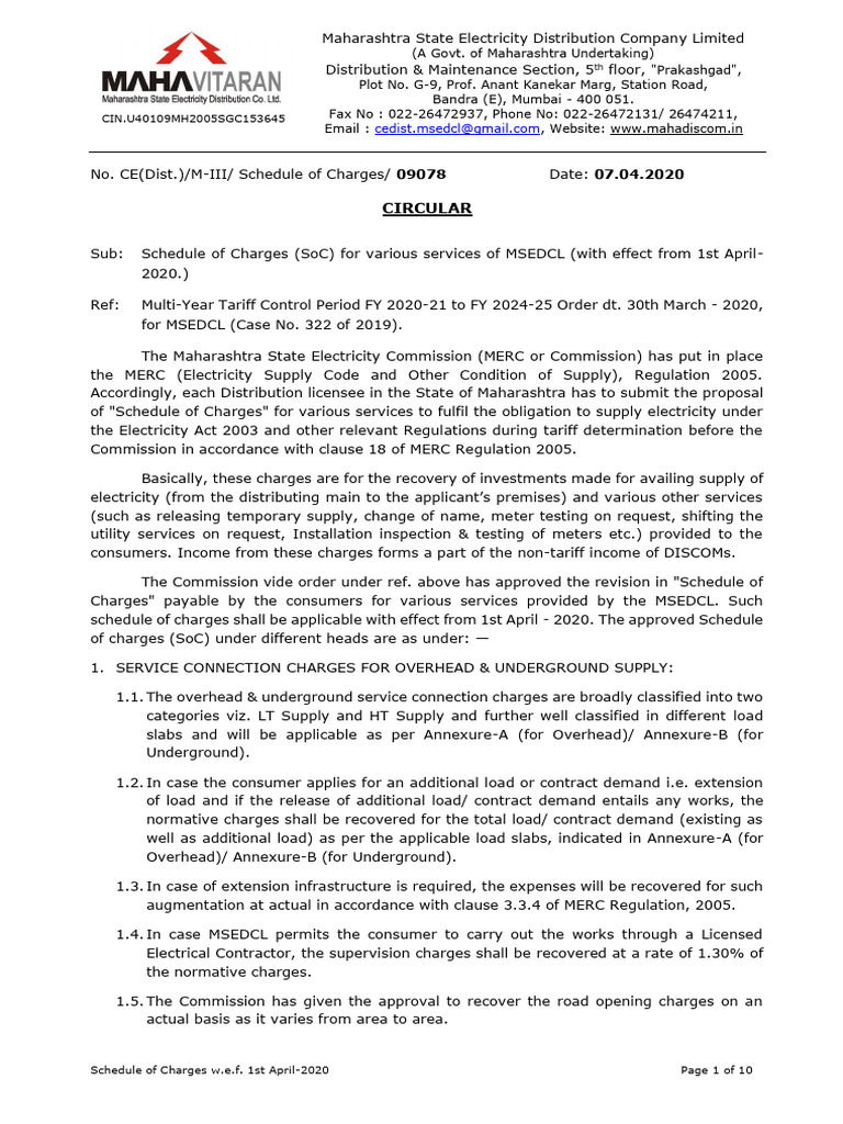 Circular Schedule of Charges for Various Services of MSEDCL w.e.f. 01. ...