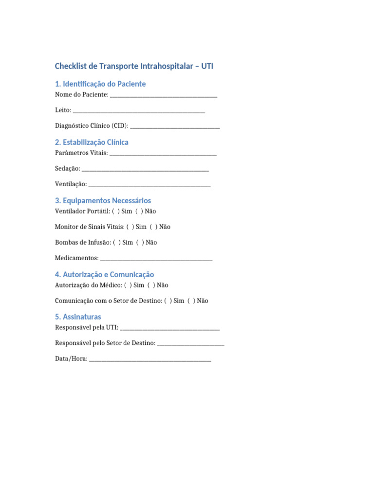 Checklist Transporte Intrahospitalar UTI | PDF