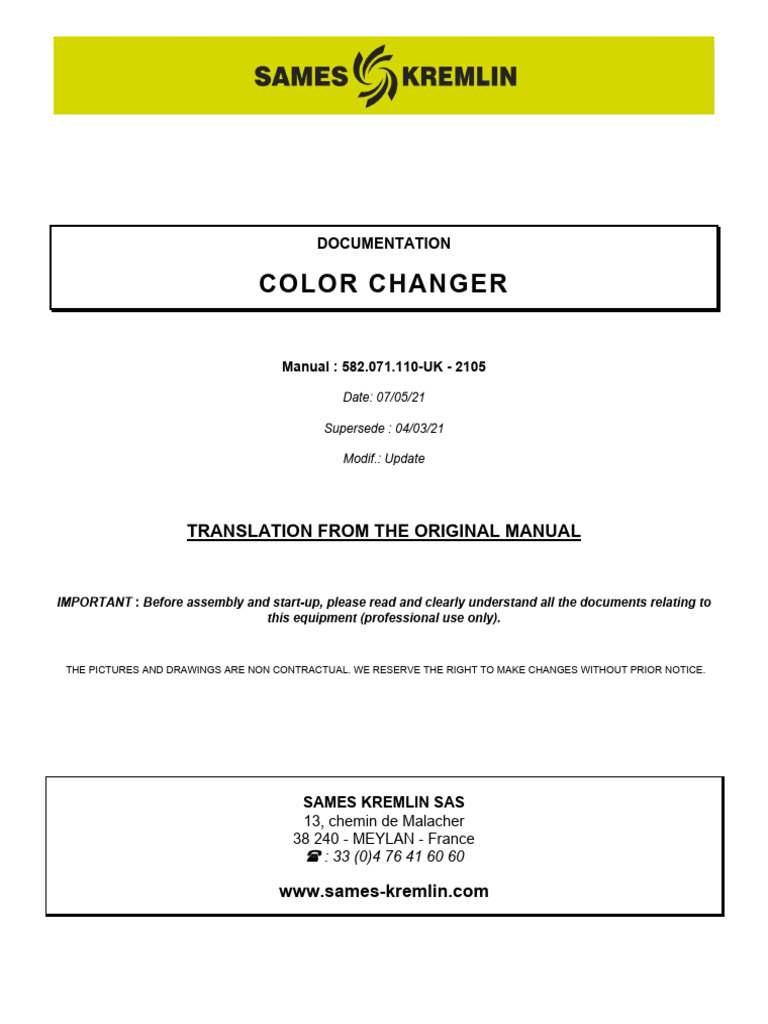 Color Changer Instruction Manual Sames Kremlin 582071110 Uk | PDF