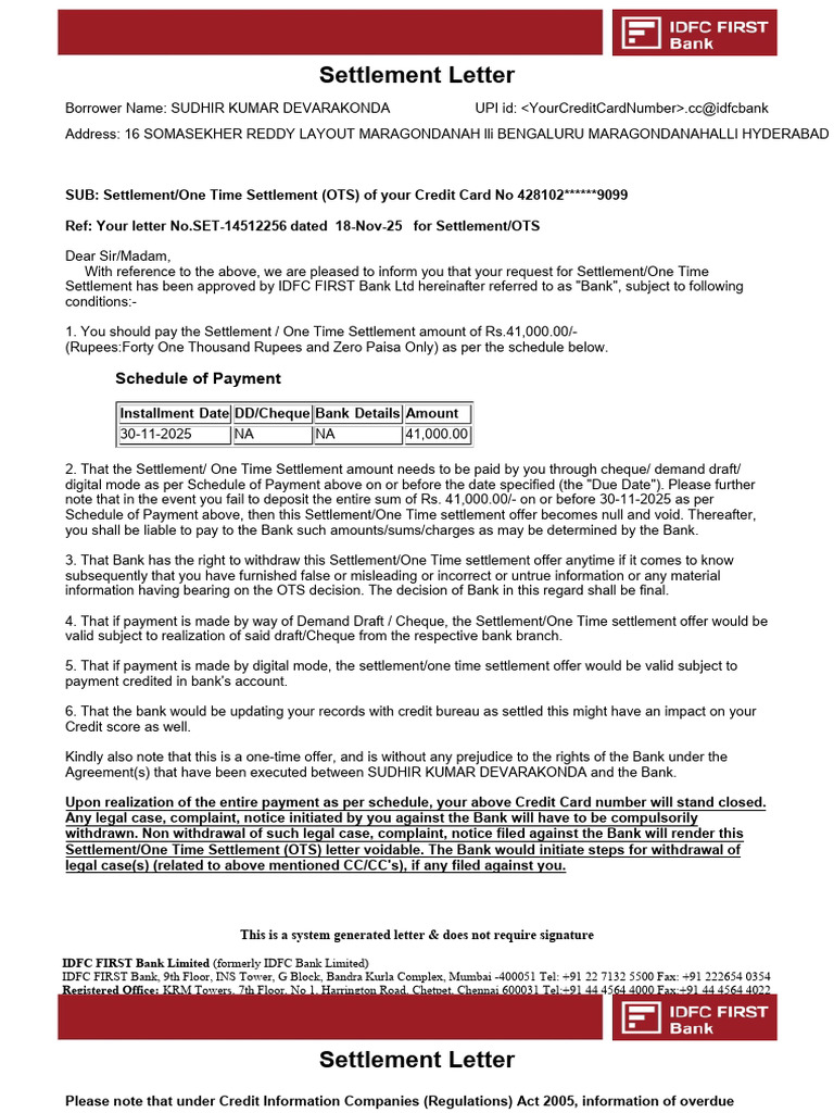 Sudhir Kumar Devarakonda Letter (1) | PDF | Banks | Payments