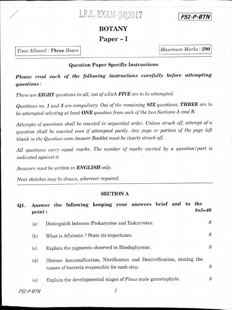 Botany Paper i 2017 | PDF | Plants | Biology