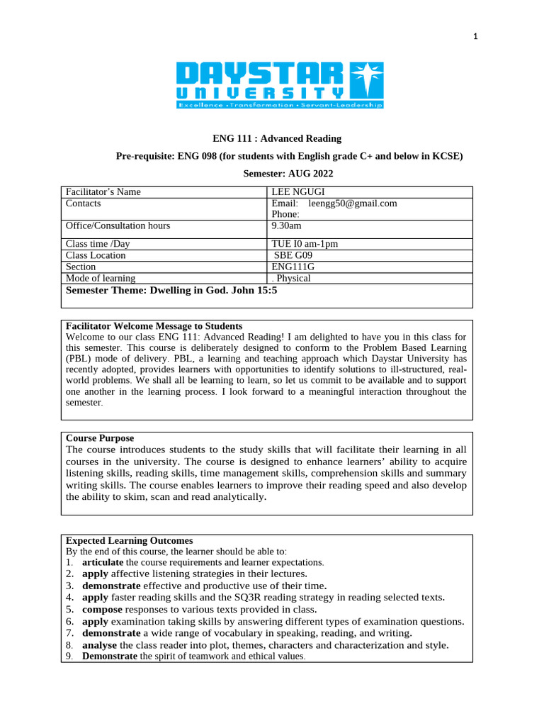 ENG 111_Course Outline_PBL-AUG 2022-111 | PDF | Reading Comprehension ...